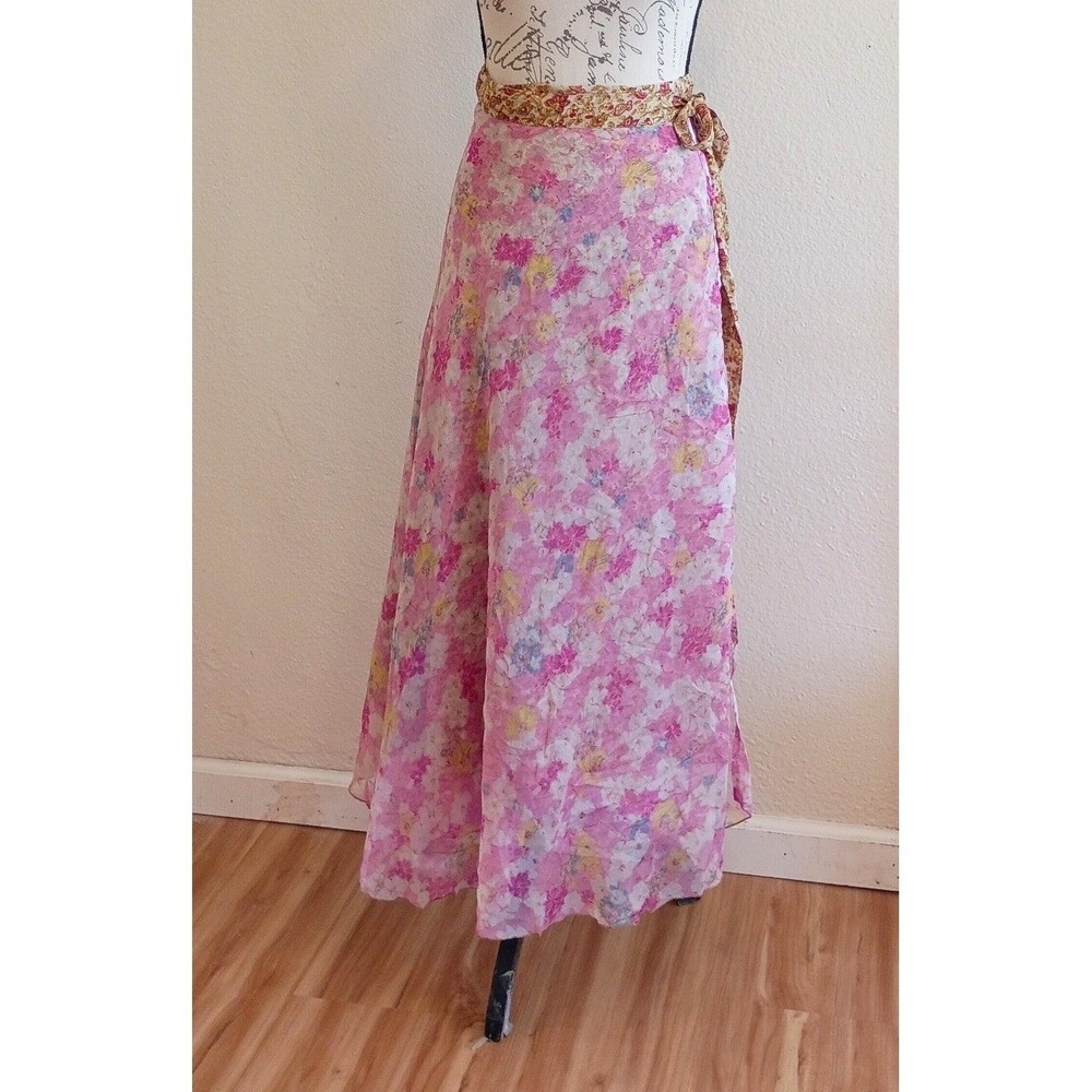 Urban Nomad Reversible 100% Silk Wrap Maxi Skirt Pink Brown Floral Fairy Boho OS